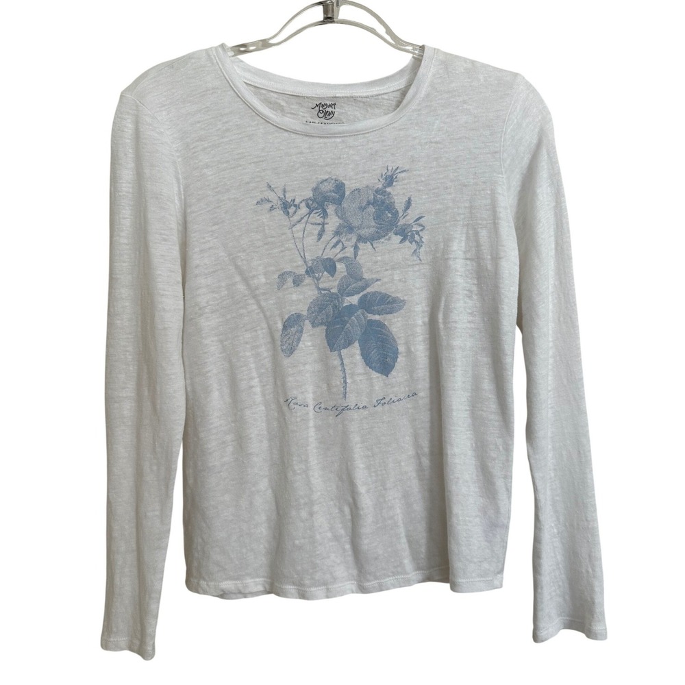 Margaret O'Leary White 100% Linen Graphic Tee Long Sleeve Rose Botanical Print